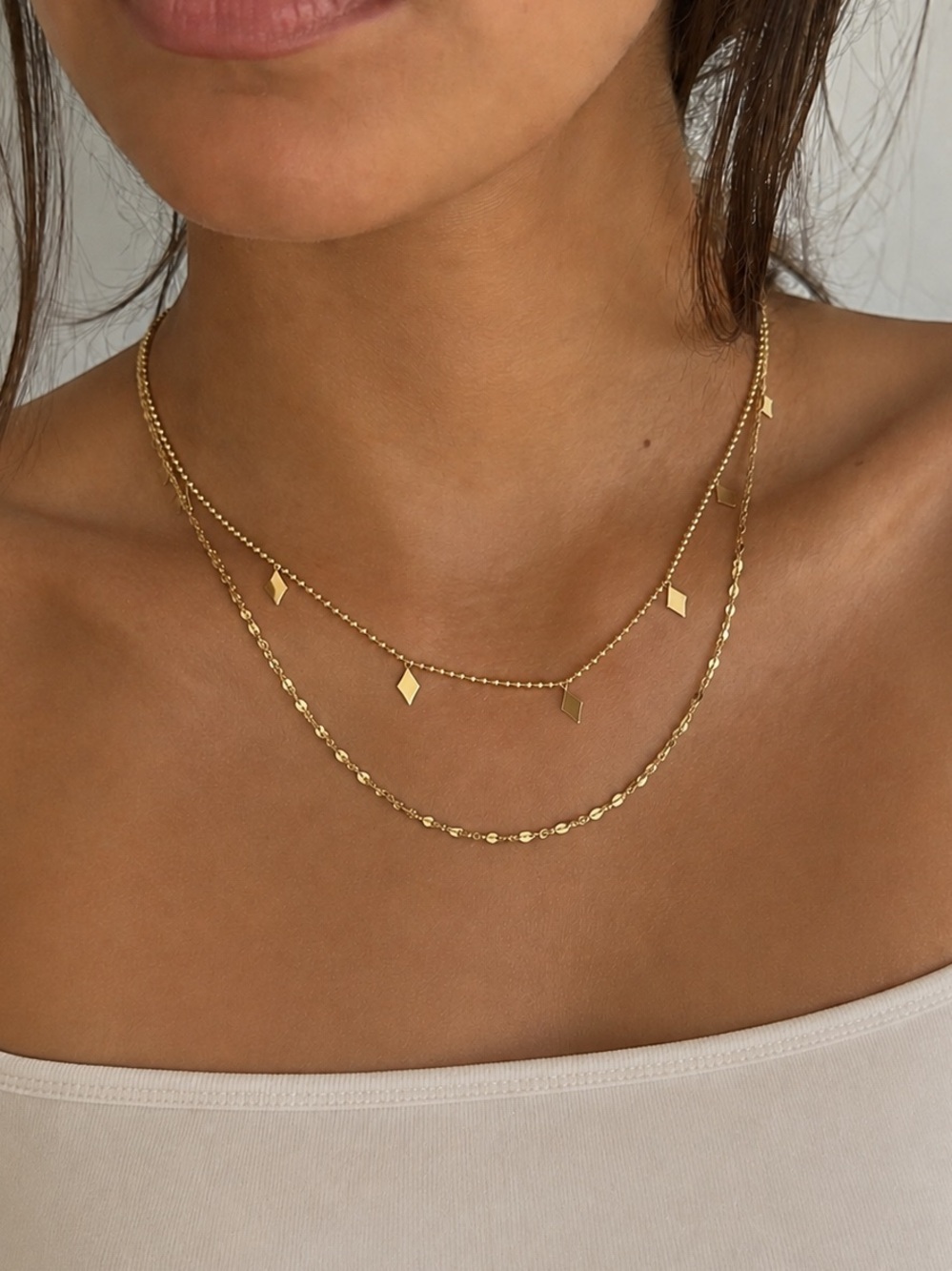 18K Gold Plated Double Layer Geometric Charms Dainty Chain Necklace
